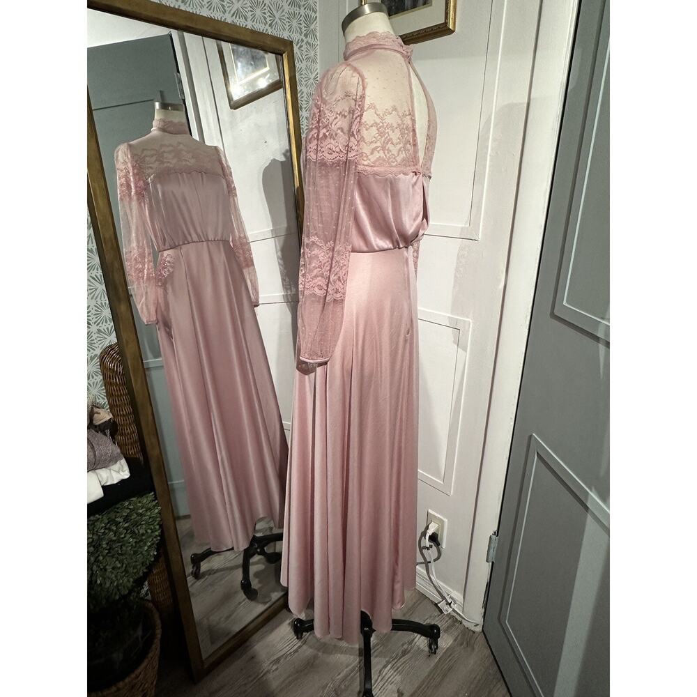 Vintage Women’s JCPenney Fashions Pink Gown Dress Sheer Lace Arms - Picture 3 of 7